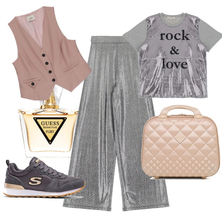 Outfit donna - Shopping in centro. Stile Casual chic per Tutti i giorni. Abbinamento con sneakers, profumi, gilet, pantaloni a palazzo, t-shirt, valigie.