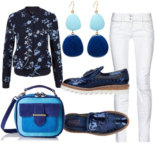 Outfit donna - Tutto blu. Stile Trendy per Scuola/Università. Abbinamento con bomber, mocassini con zeppe fantasia multicolore effetto laminato con punta tonda in tessuto tecnico con nappine, jeans con strass vita bassa tinta unita, borsa a mano blu, orecchini a pendolo in ottone rosa.