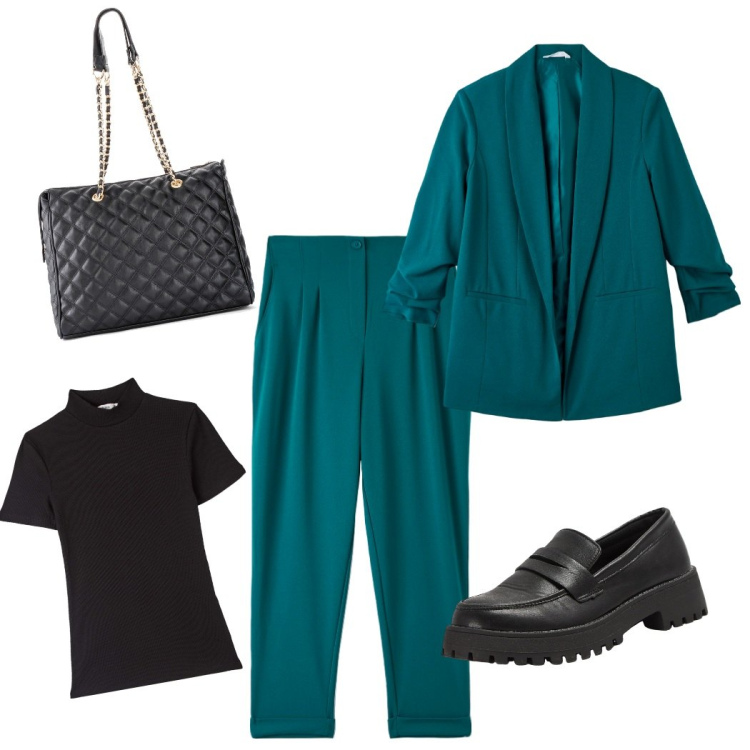 Outfit donna - Oggi in ufficio. Stile Urban per Ufficio. Abbinamento con shopping bag, t-shirt, pantaloni chino, blazer, mocassini.