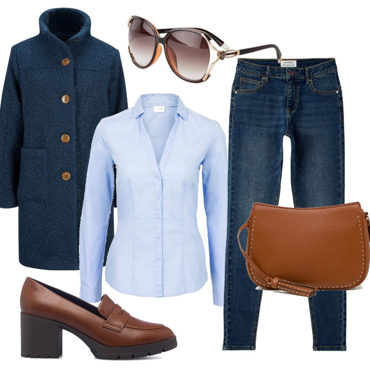 Outfit donna - Jeans e classe. Stile Basic per Tutti i giorni. Abbinamento con cappotti, camicie, occhiali da sole, jeans skinny, mocassini, borse a tracolla.