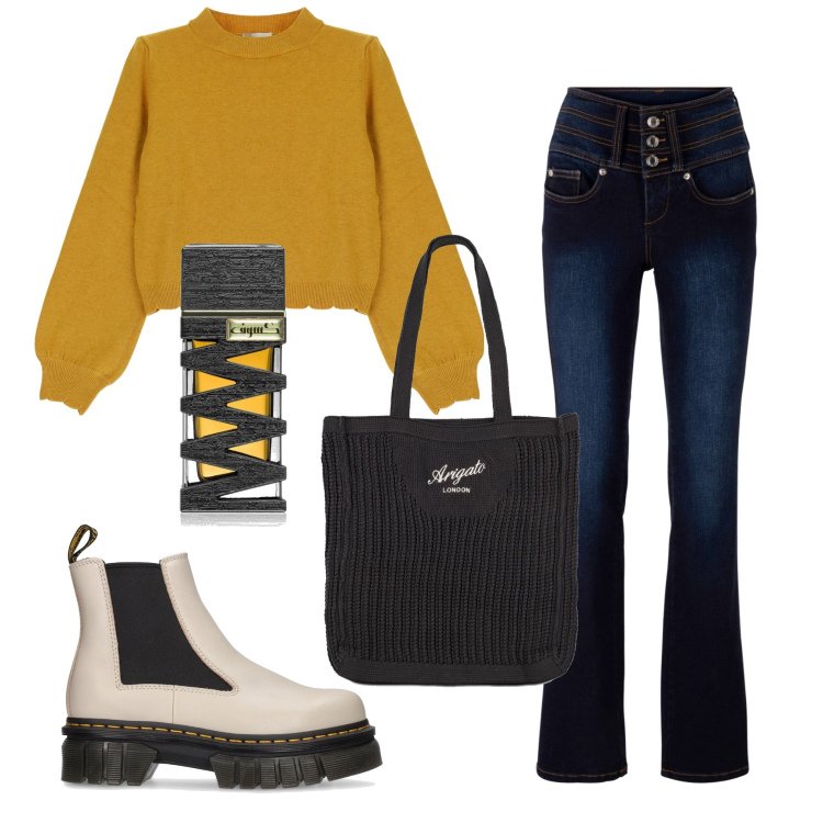 Outfit donna - Total look #1730745. Stile Urban per Tutti i giorni. Abbinamento con jeans bootcut, profumi, pullovers, stivaletti chelsea, shopping bag.