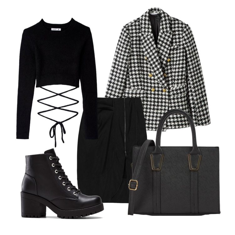 Outfit donna - Ghost outfitter - ottobre. Stile Casual chic per Ufficio. Abbinamento con stivaletti, maglieria, shopping bag, blazer, gonne longuette.