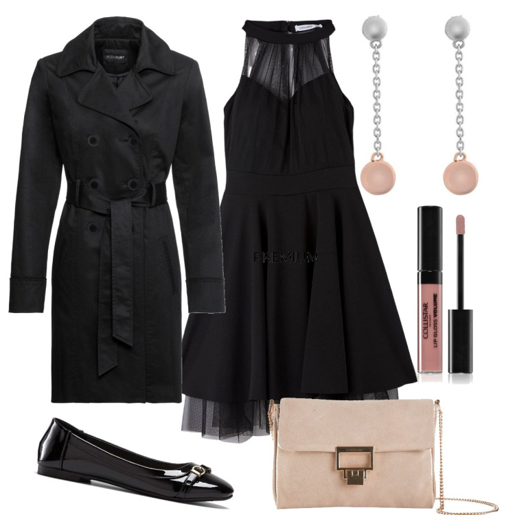 Outfit donna - Emma. Stile Chic per Serata fuori. Abbinamento con trench, ballerine, pochette, gloss, vestiti, orecchini.
