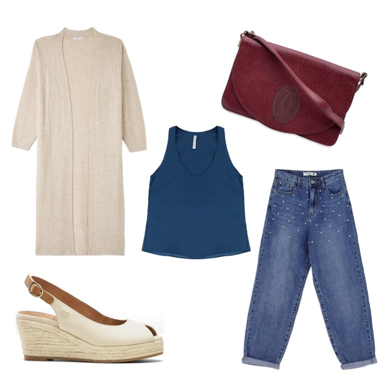Outfit donna - Passeggiata pomeridiana con le amiche. Stile Basic per Tutti i giorni. Abbinamento con canottiere, jeans, borse a spalla, cardigans, sandali.