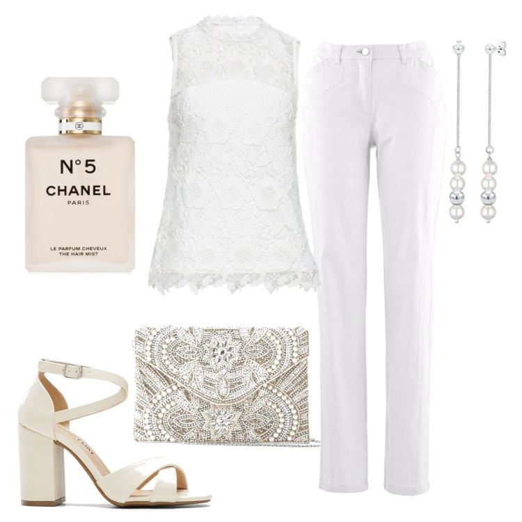 Outfit donna - Domani al battesimo di Camilla. Stile Chic per Cerimonia. Abbinamento con pochette, top, pantaloni sportivi, sandali col tacco, profumi, orecchini.