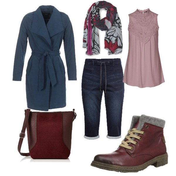 Outfit donna - Urban #7220. Stile Urban per Scuola/Università. Abbinamento con top, bermuda, trench blu, stivali rosso, sciarpa lunga fantasia floreale, borsa a spalla con zip rosso e nero.
