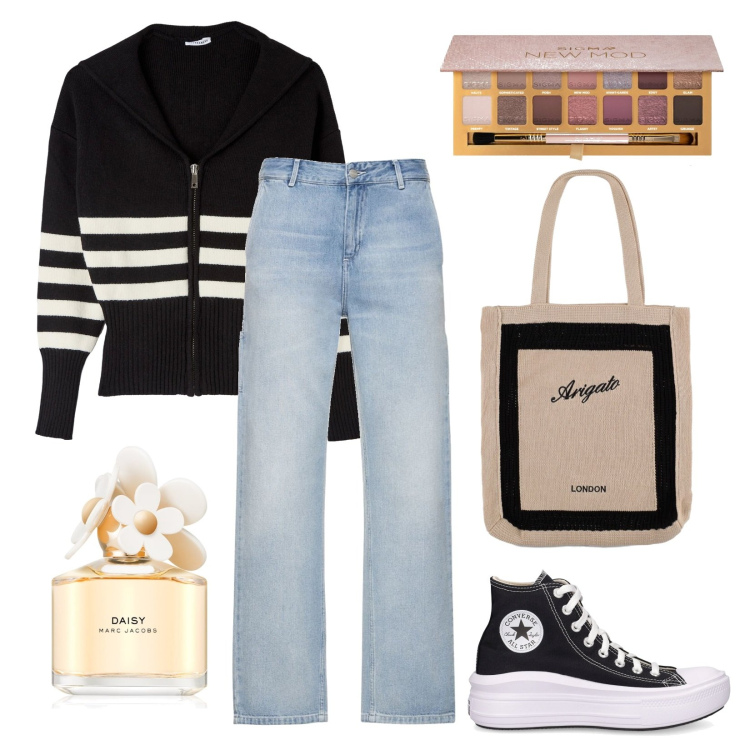 Outfit donna - Università a noi. Stile Casual per Scuola/Università. Abbinamento con profumi, ombretti, maglieria, pantaloni, sneakers, shopping bag.