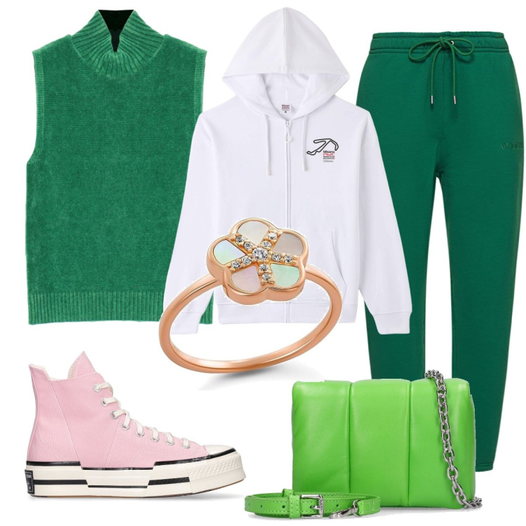 Outfit donna - Sportivo bon bon. Stile Sporty chic per Tutti i giorni. Abbinamento con felpe con cappuccio, maglieria, pantaloni, sneakers, borse a spalla, anelli.