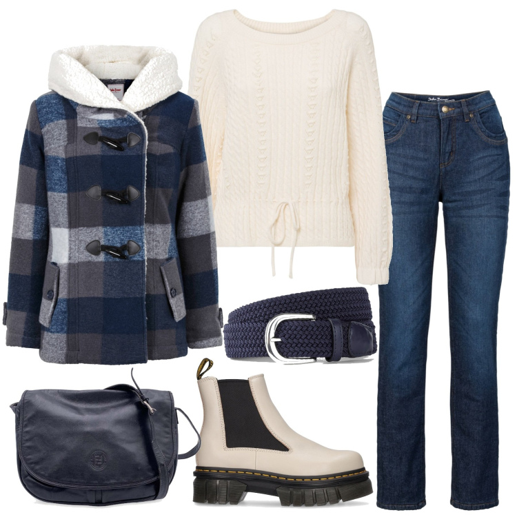 Outfit donna - Giacca avvolgente. Stile Casual per Tutti i giorni. Abbinamento con cinture, maglieria, blazer, jeans dritti, borse a spalla, stivaletti chelsea.