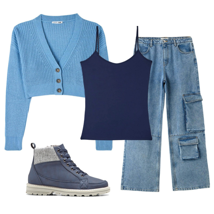 Outfit donna - Comoda per tutta la giornata. Stile Casual per Scuola/Università. Abbinamento con stivaletti, top, jeans, cardigans.
