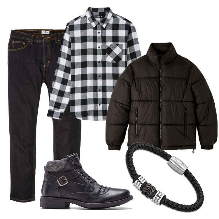 Outfit uomo - Mi piace. Stile Casual per Serata speciale. Abbinamento con jeans dritti, stivali e stivaletti, piumini, camicie, braccialetti.