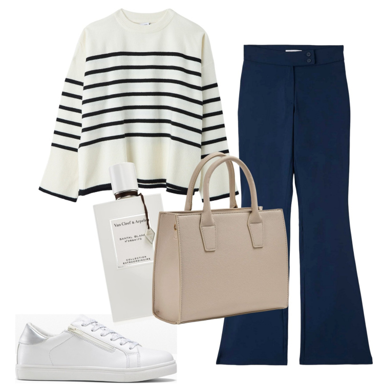 Outfit donna - Minimal in blu e bianco. Stile Minimal per Tutti i giorni. Abbinamento con sneakers, profumi, pantaloni, maglieria, shopping bag.