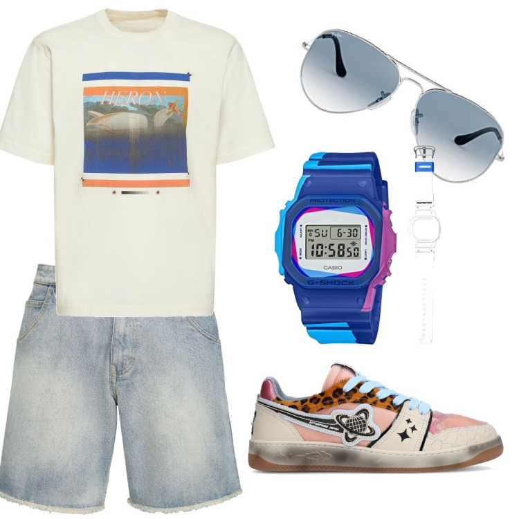 Outfit uomo - Tocchi di colore. Stile Trendy per Tutti i giorni. Abbinamento con occhiali da sole, orologi digitali, shorts, sneakers, t-shirt.