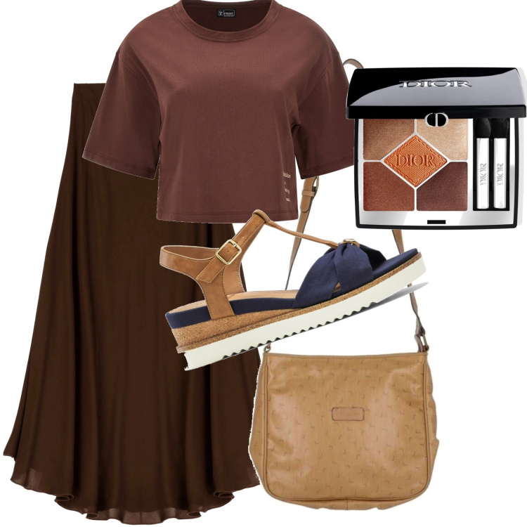 Outfit donna - Sfumature di autunno. Stile Minimal per Tutti i giorni. Abbinamento con sandali, borse a tracolla, ombretti, t-shirt, gonne longuette.