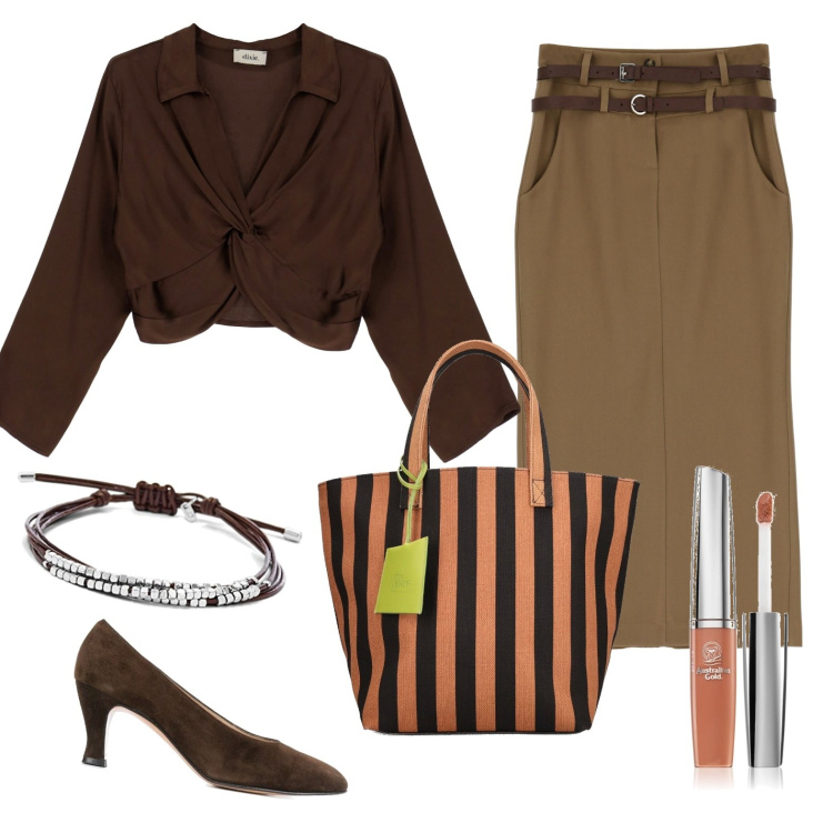 Outfit donna - Total look #1731028. Stile Chic per Serata fuori. Abbinamento con décolleté, gloss, gonne lunghe, camicie, shopping bag, braccialetti.
