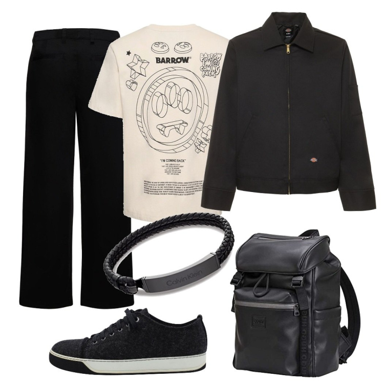 Outfit uomo - Niente di più. Stile Trendy per Serata speciale. Abbinamento con sneakers, t-shirt, braccialetti, borse sportive, giacche, pantaloni chino.