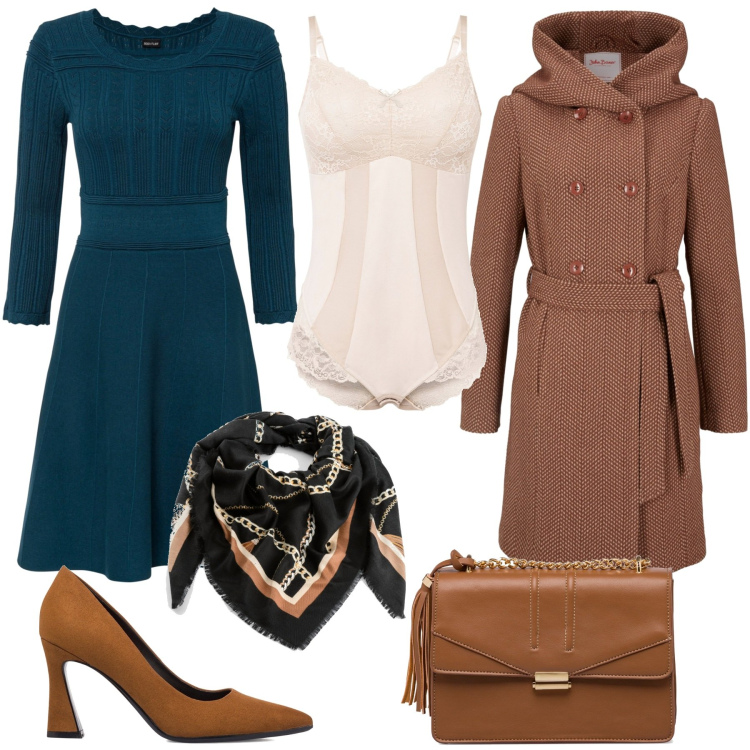 Outfit donna - Curvy bon ton. Stile Bon Ton per Tutti i giorni. Abbinamento con vestiti, body, cappotti, foulard, décolleté, borse a tracolla.