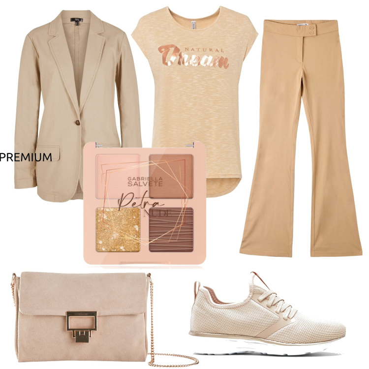 Outfit donna - In beige. Stile Minimal per Ufficio. Abbinamento con maglieria, blazer, sneakers, pochette, ombretti, pantaloni.