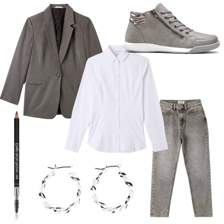 Outfit donna - Total look #1731074. Stile Minimal per Ufficio. Abbinamento con sneakers alte, orecchini, matite sopracciglia, blazer, jeans mom, camicie.
