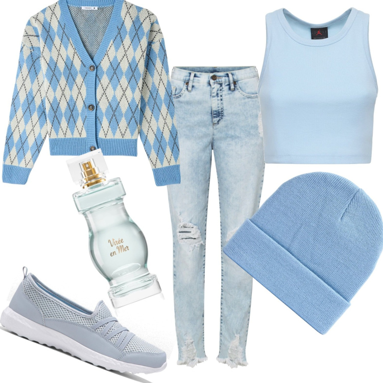 Outfit donna - Total look #1731091. Stile Casual per Ufficio. Abbinamento con sneakers, jeans mom, profumi, cardigans, berretti, canottiere.
