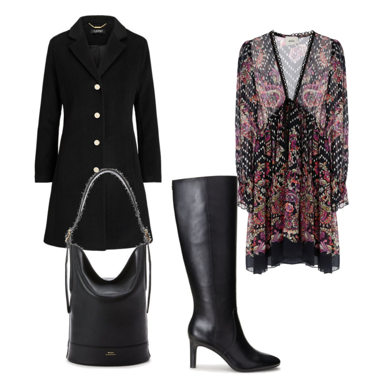 Outfit donna - Total look #1731111. Stile Chic per Serata fuori. Abbinamento con vestiti corti, borse a secchiello, stivali, cappotti.