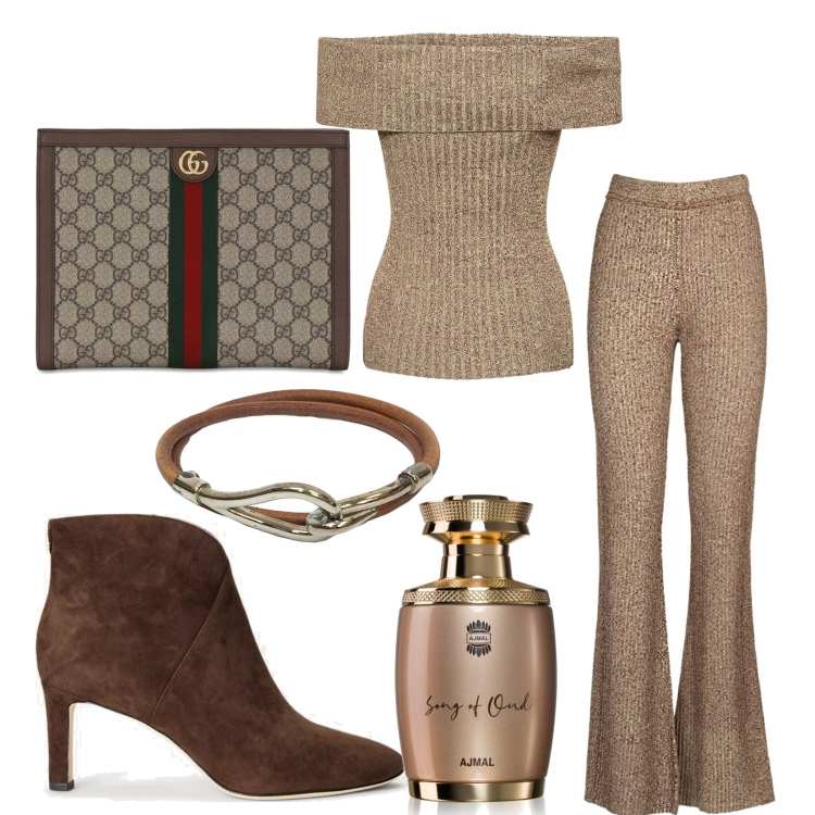 Outfit donna - Total look #1731120. Stile Glamour per Serata fuori. Abbinamento con braccialetti, profumi, stivaletti, pochette, top, pantaloni.