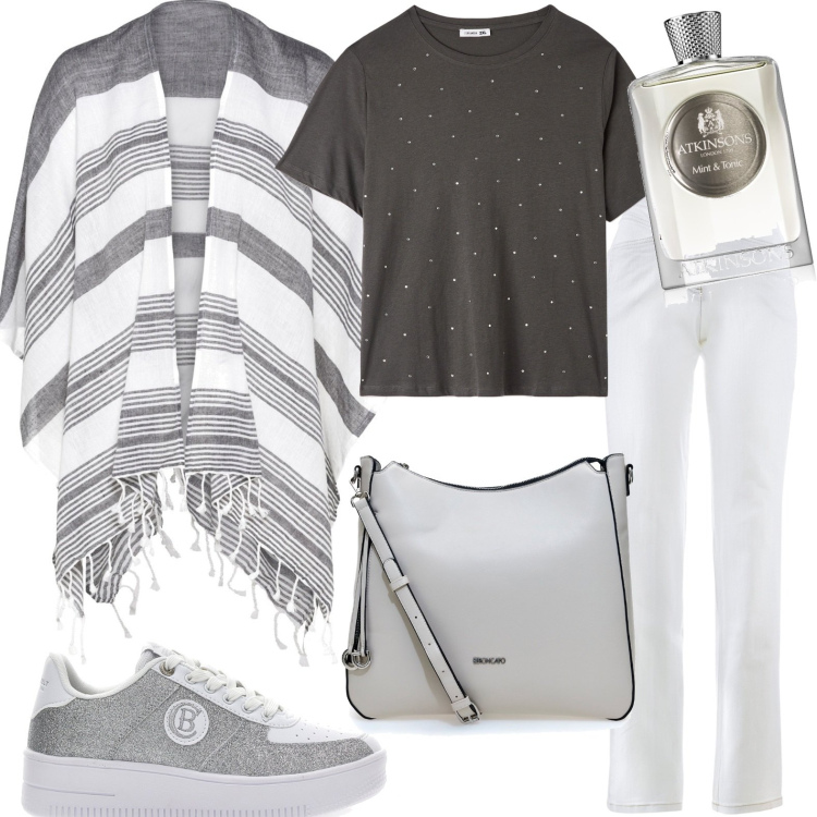 Outfit donna - Ottobre estivo. Stile Casual per Tutti i giorni. Abbinamento con cappotti, jeans dritti, profumi, t-shirt, borse a tracolla, sneakers.