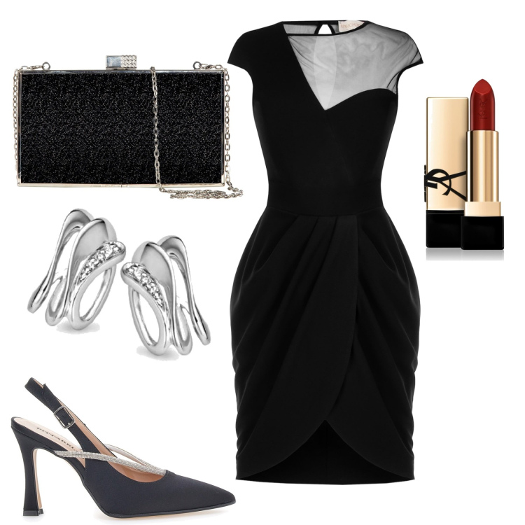 Outfit donna - Serata elegante. Stile Chic per Serata fuori. Abbinamento con rossetti, vestiti asimmetrici, clutch, orecchini, décolleté.