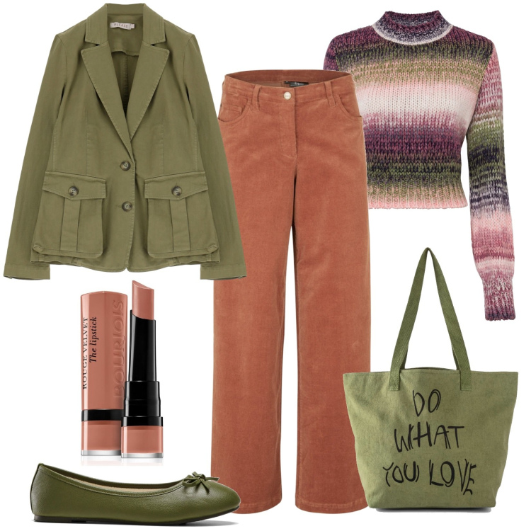 Outfit donna - Colorfull. Stile Vintage retrò per Tutti i giorni. Abbinamento con maglieria, shopping bag, pantaloni, ballerine, rossetti, giacche.