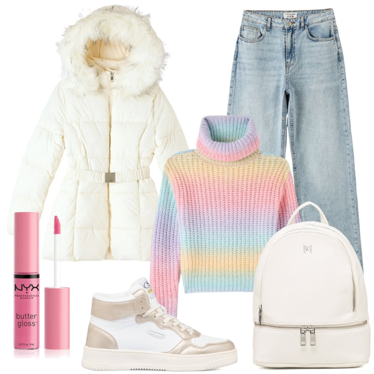 Outfit donna - Un giorno di pioggia. Stile Casual per Scuola/Università. Abbinamento con gloss, piumini, maglieria, jeans, zaini, sneakers alte.