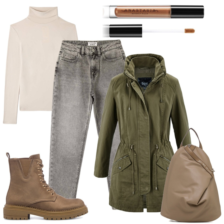 Outfit donna - Il parka leggero. Stile Basic per Tutti i giorni. Abbinamento con parka, gloss, jeans mom, t-shirt, zaini, anfibi.