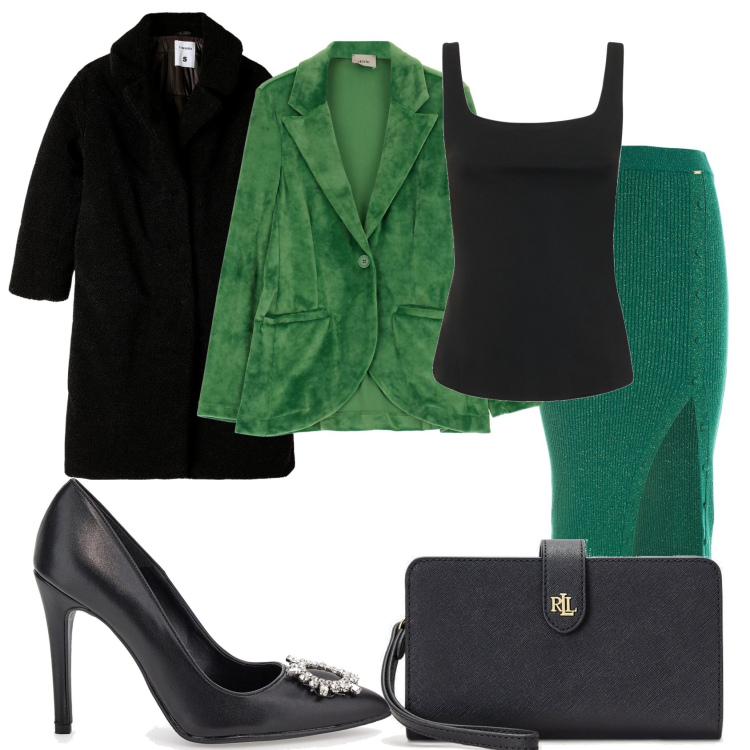Outfit donna - Serata verde nera. Stile Chic per Serata fuori. Abbinamento con giacche, cappotti, gonne longuette, pochette, canottiere, décolleté.