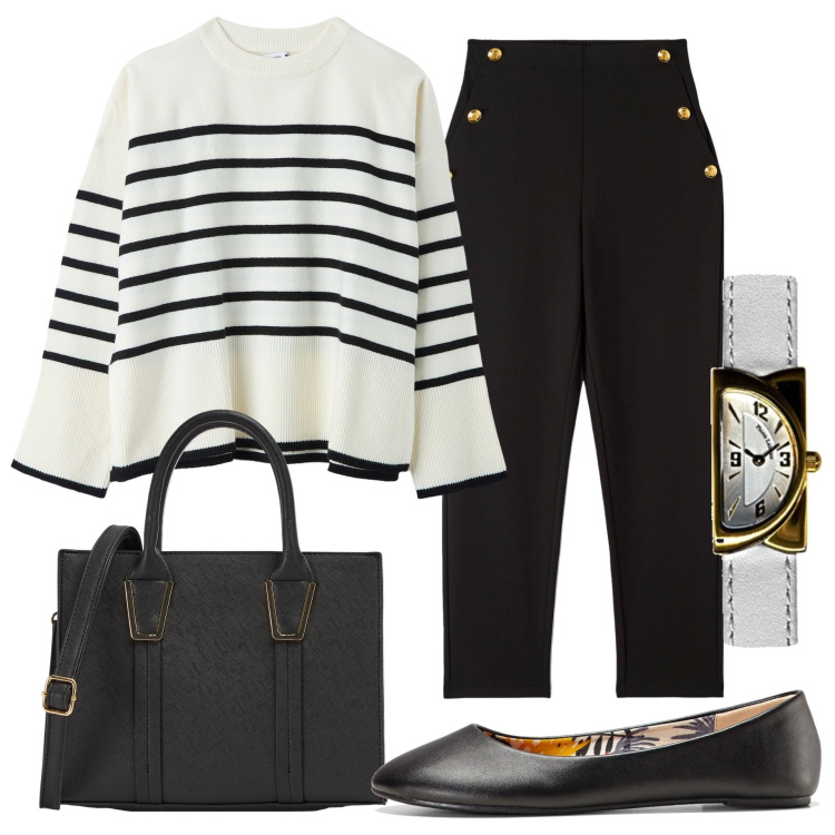 Outfit donna - Lunedì in ufficio. Stile Basic per Ufficio. Abbinamento con ballerine, shopping bag, maglieria, pantaloni chino, orologi.