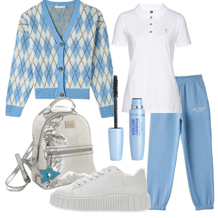 Outfit donna - Scuola ad ottobre. Stile Casual per Scuola/Università. Abbinamento con polo, mascara, pantaloni, cardigans, zaini, sneakers.