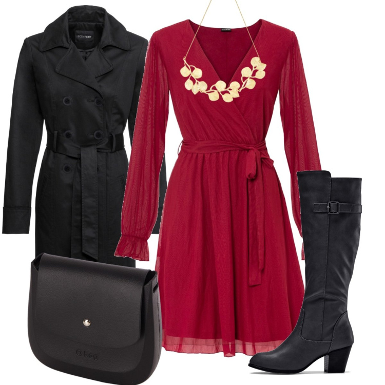 Outfit donna - Bordeaux di sera. Stile Chic per Serata fuori. Abbinamento con stivali, trench, vestiti, collane, borse a spalla.