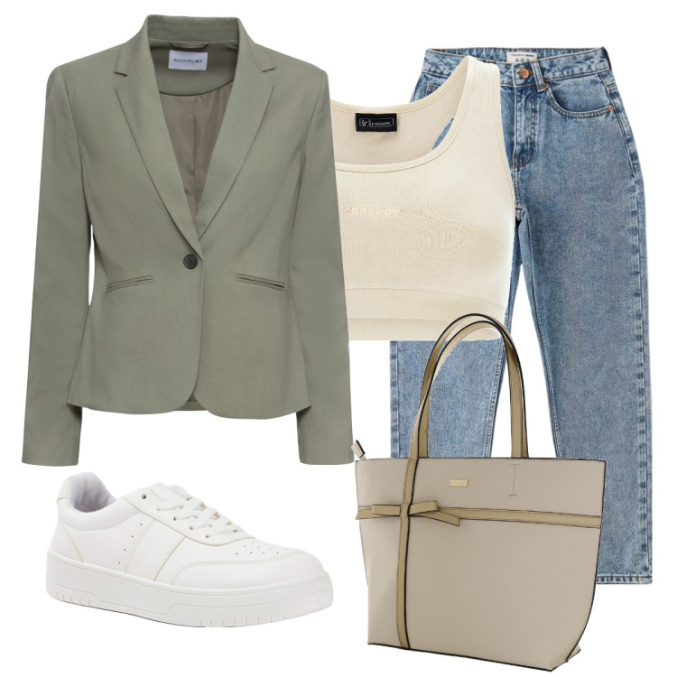 Outfit donna - Basic con la giacca. Stile Casual chic per Tutti i giorni. Abbinamento con blazer, jeans mom, sneakers, top, shopping bag.
