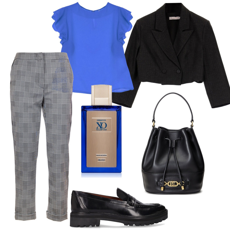 Outfit donna - Principe di Galles. Stile Trendy per Ufficio. Abbinamento con profumi, canottiere, pantaloni, blazer, borse a secchiello, mocassini.