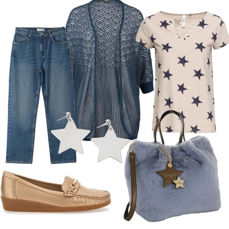 Outfit donna - Stelle in blu e oro. Stile Casual chic per Tutti i giorni. Abbinamento con cardigans, maglieria, jeans dritti, orecchini, borse a mano, mocassini.