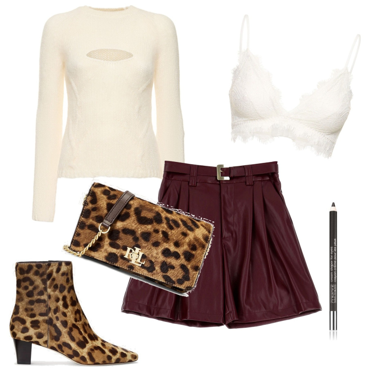 Outfit donna - Colazione francese. Stile Casual chic per Tutti i giorni. Abbinamento con eyeliner, bermuda, borse a tracolla, stivaletti, reggiseni, maglieria.