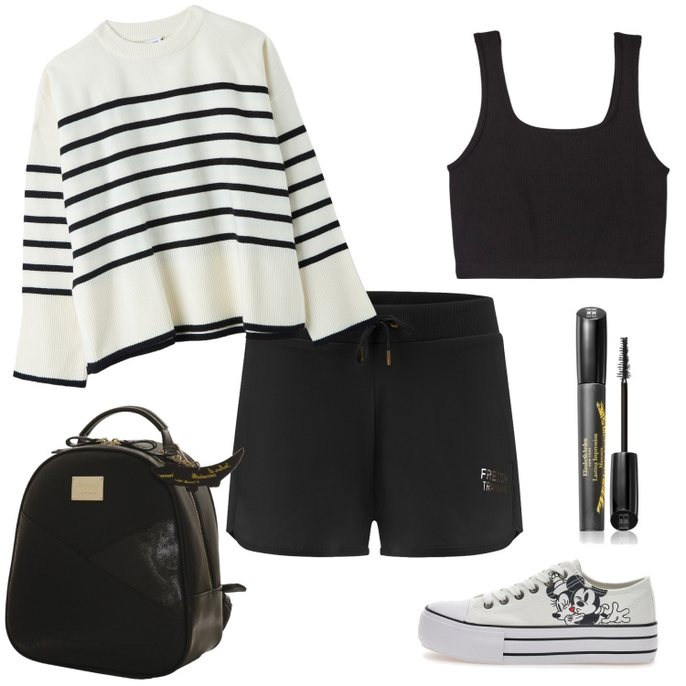 Outfit donna - Due chiacchiere in piazzetta. Stile Minimal per Tutti i giorni. Abbinamento con mascara, maglieria, canottiere, shorts, sneakers, zaini.