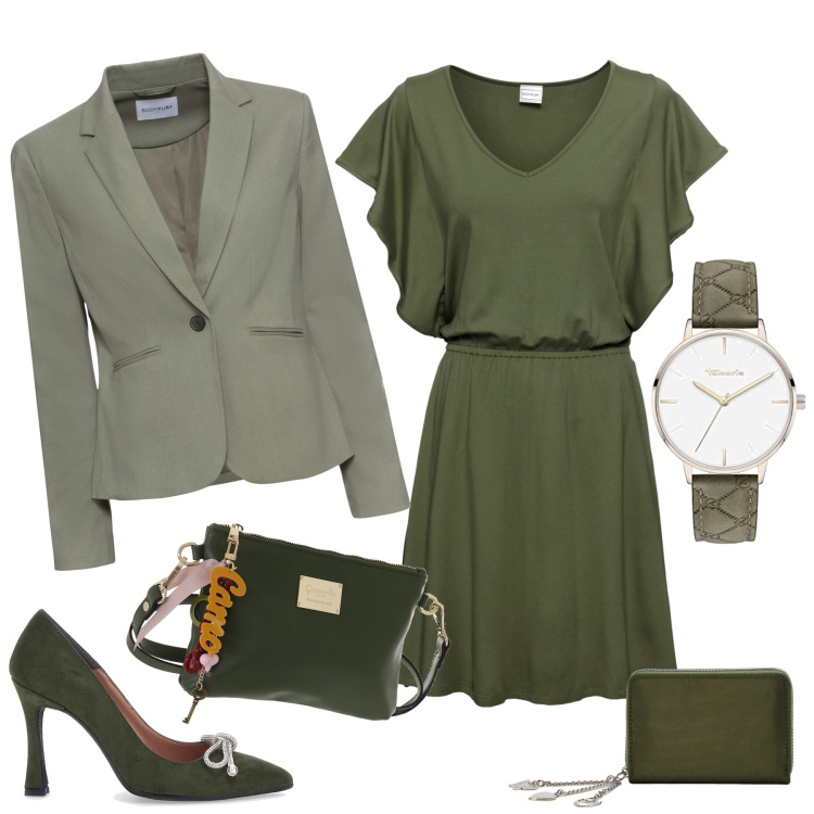 Outfit donna - Verde desiderio di essere. Stile Casual chic per Tutti i giorni. Abbinamento con blazer, vestiti, portafogli, décolleté, orologi, borse a tracolla.