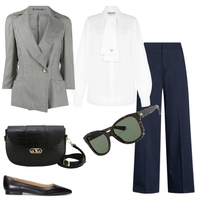 Outfit donna - Total look #1731348. Stile Basic per Tutti i giorni. Abbinamento con blazer, camicie, pochette, ballerine, occhiali da sole, pantaloni.