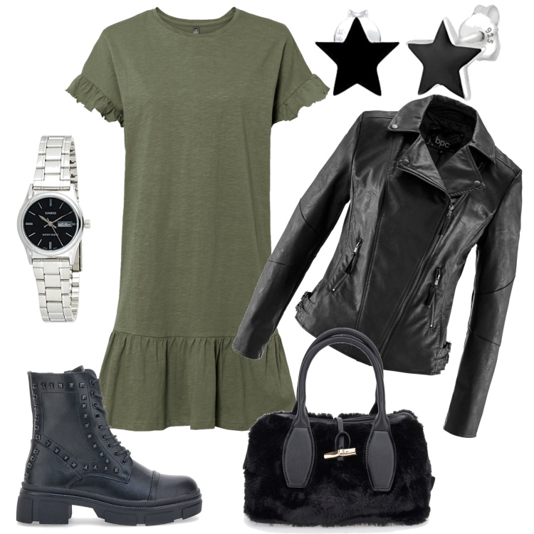 Outfit donna - In moto col vestito. Stile Rock per Tutti i giorni. Abbinamento con blazer, vestiti, anfibi, borse a mano, orecchini, orologi.