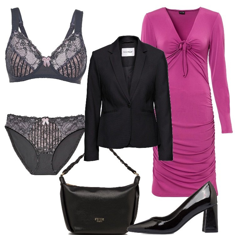 Outfit donna - La lingerie che mette il sorriso. Stile Chic per Serata fuori. Abbinamento con blazer, vestiti, reggiseni, culotte, borse a mano, décolleté.