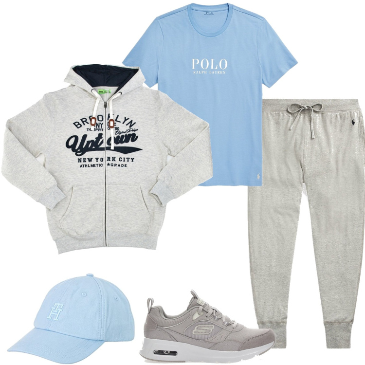 Outfit uomo - A passeggio con il cane. Stile Casual per Tutti i giorni. Abbinamento con pantaloni, t-shirt, cappelli con visiera, felpe con cappuccio, sneakers.