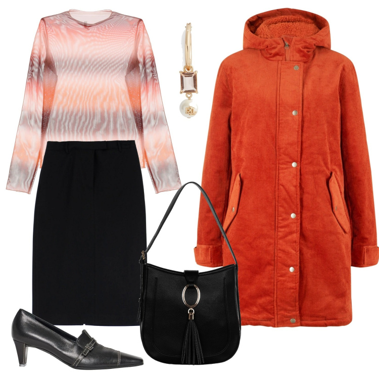 Outfit donna - In pizzeria con gli amici. Stile Bon Ton per Serata fuori. Abbinamento con parka, décolleté, borse a spalla, maglieria, gonne longuette, orecchini.