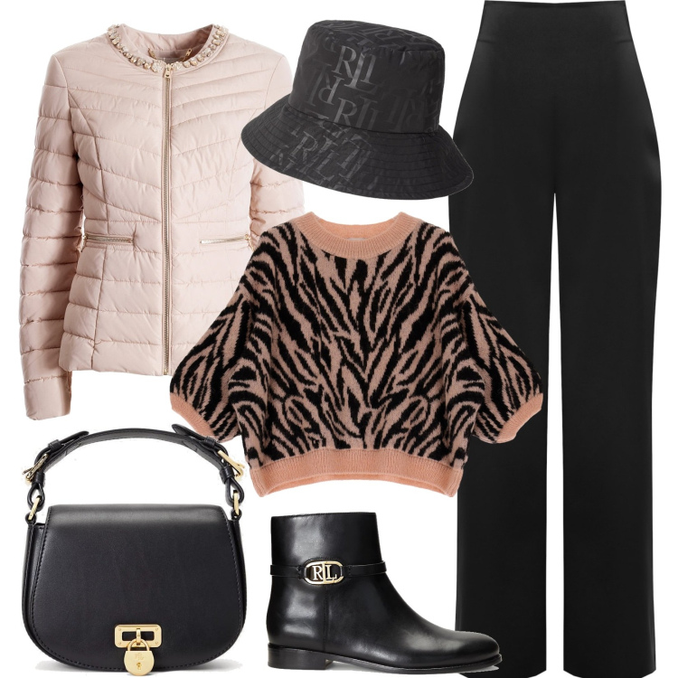 Outfit donna - La trapuntina per la pioggia. Stile Casual chic per Ufficio. Abbinamento con pantaloni a palazzo, piumini, maglieria, borse a tracolla, stivaletti, cappelli.