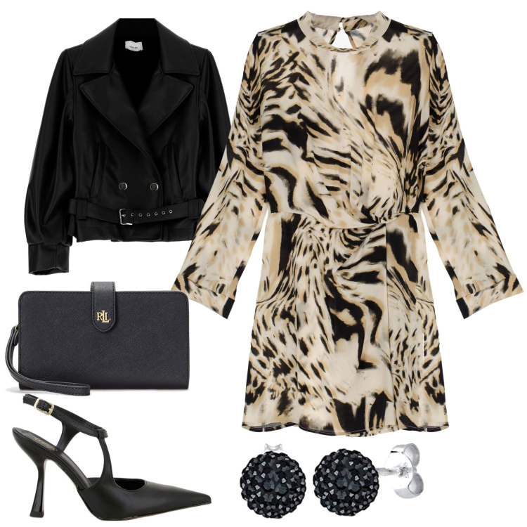 Outfit donna - Fantasia astratta. Stile Casual chic per Serata fuori. Abbinamento con vestiti corti, giacche, décolleté, pochette, orecchini.