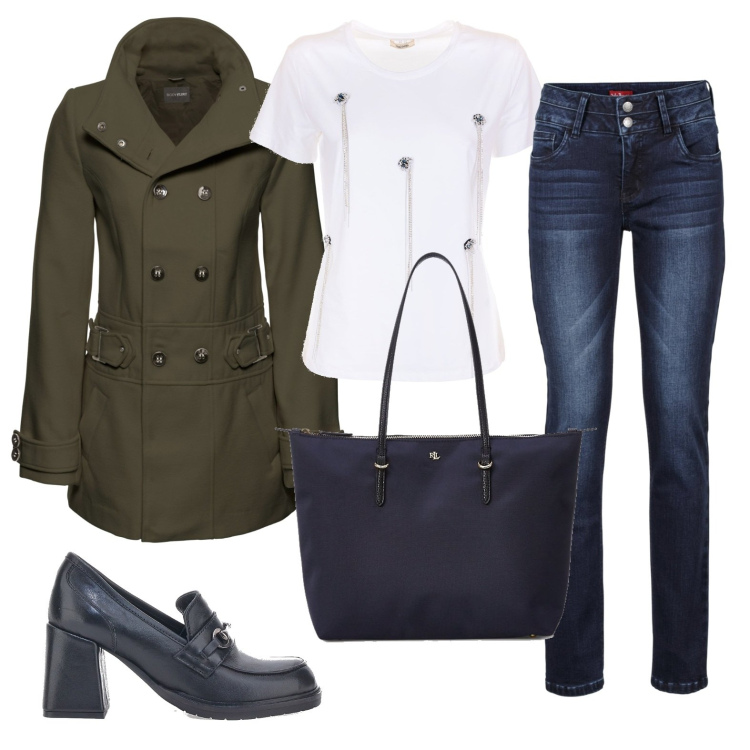 Outfit donna - Total look #1731559. Stile Casual chic per Tutti i giorni. Abbinamento con jeans, cappotti, t-shirt, borse tote, mocassini.
