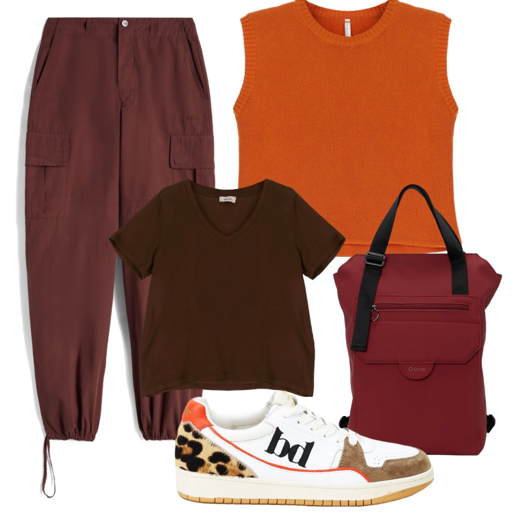 Outfit donna - Total look #1731581. Stile Casual chic per Tutti i giorni. Abbinamento con maglieria, pantaloni cargo, sneakers, t-shirt, zaini.